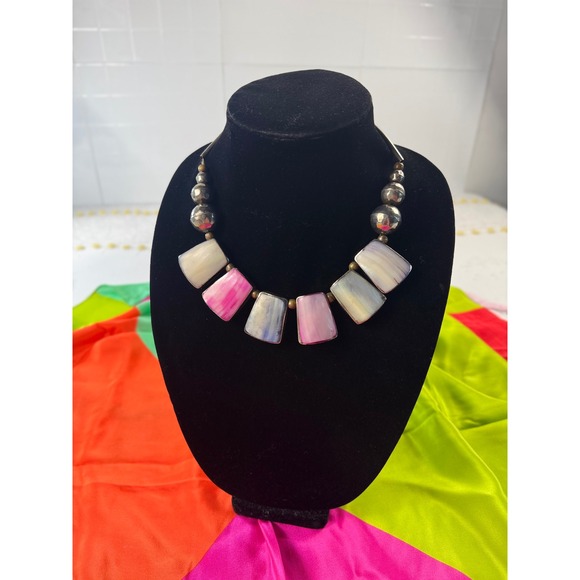 Jewelry - Vintage Mother of Pearl Shell Statement Necklace Pink Blue Silver Tone 18"